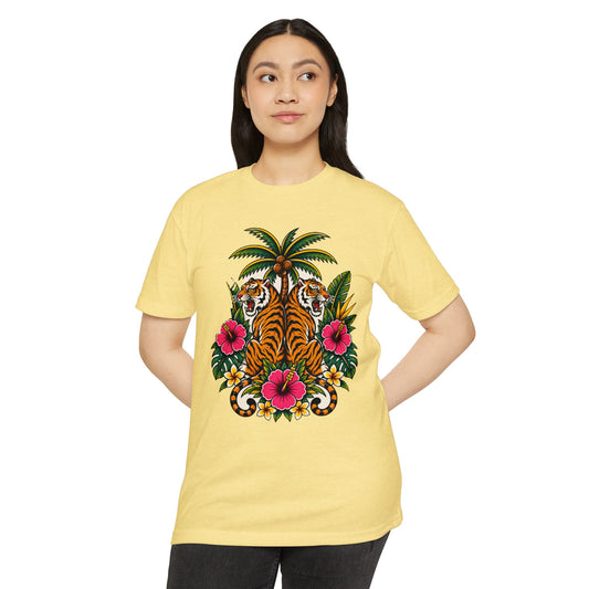 T-Shirt, Short Sleeve Boxy Crew Neck - Tiger Tiger Tropics Vintage Floral Palm