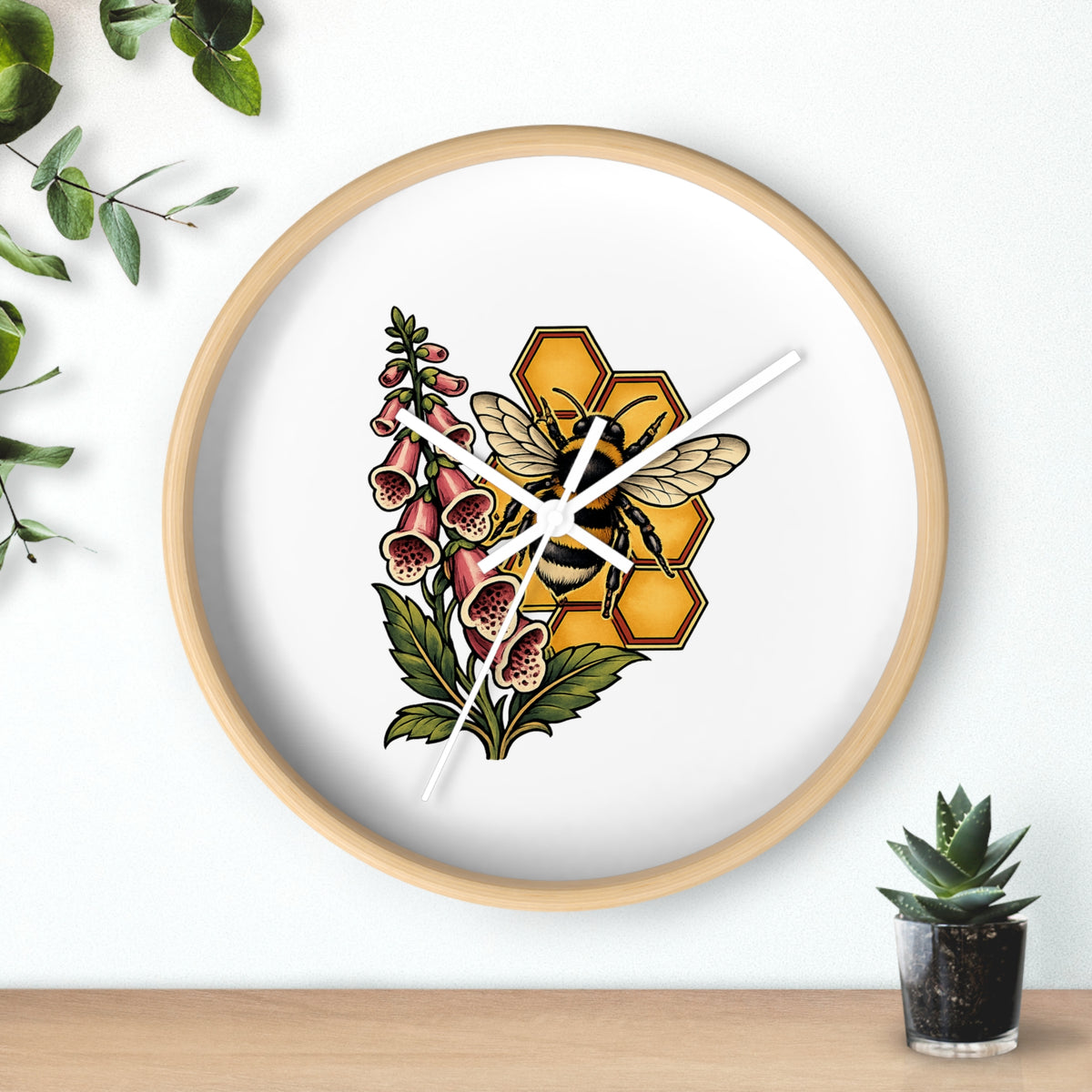 Clock, Wall Acrylic - Bee, Honeycomb & Foxglove