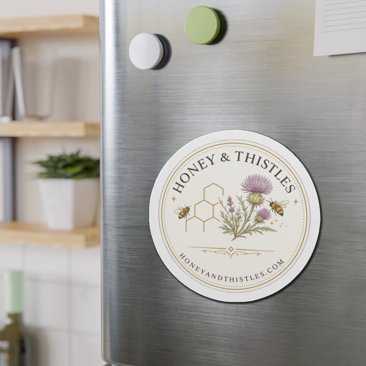 Honey & Thistles Round Die-Cut Magnet – Floral Bee Logo Refrigerator Magnet