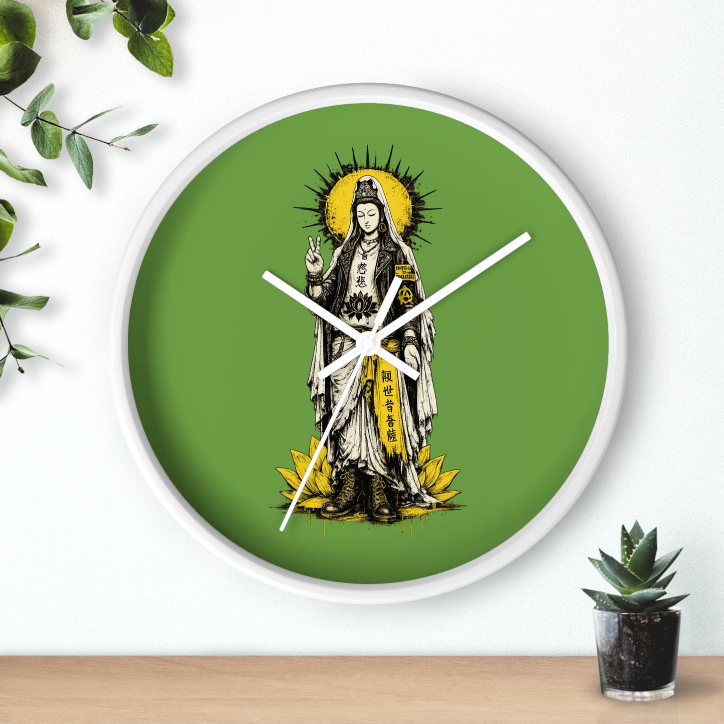 Kuan Yin Lotus Wall Clock — Green Zen Buddhist Decorative Clock
