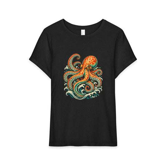T-Shirt, Short Sleeve Boxy Crew Neck - Octopus Wave