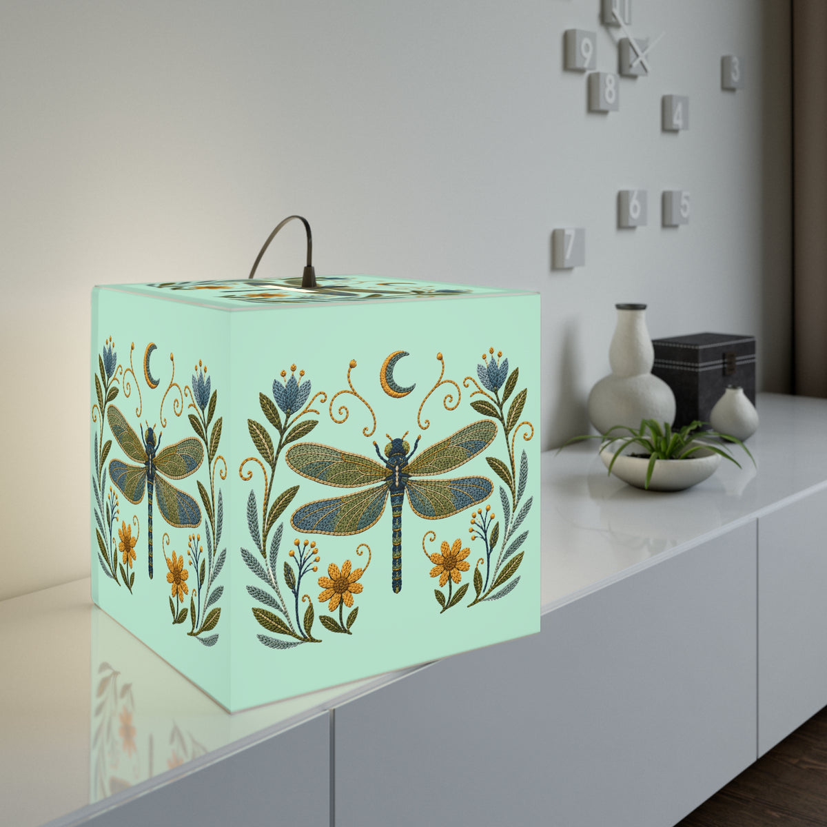 Cube Lamp, Decorative - Floral Dragonfly & Moon (light blue)