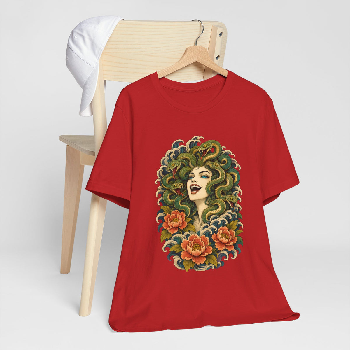 T-Shirt, Short Sleeve Wide Neck - Medusa Snake Hair Floral