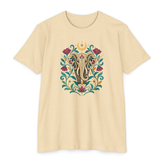 T-Shirt, Short Sleeve Boxy Crew Neck - Boho Indian-Inspired Elephant Floral