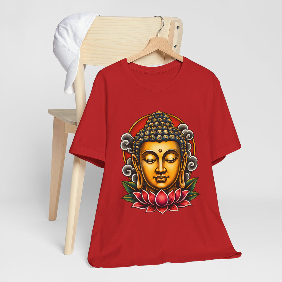 T‑Shirt, Short Sleeve Boxy Crew Neck - Golden Buddha Head with Lotus