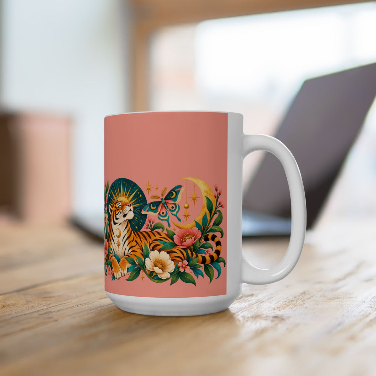 Mug, Ceramic 11oz & 15oz -Tiger Moon Floral (pink)
