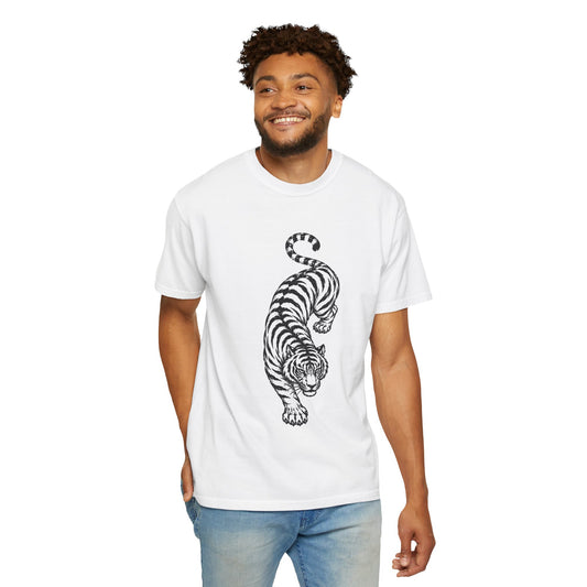 T-Shirt, Short Sleeve Boxy Crew Neck - Black & White Tiger