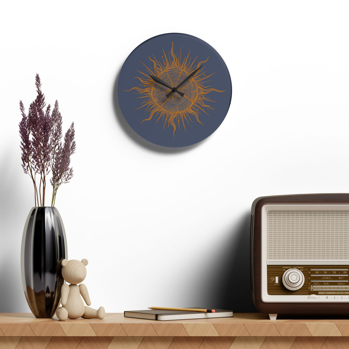 Clock , Wall Acrylic- Golden Boho Sunburst Tree Trunk