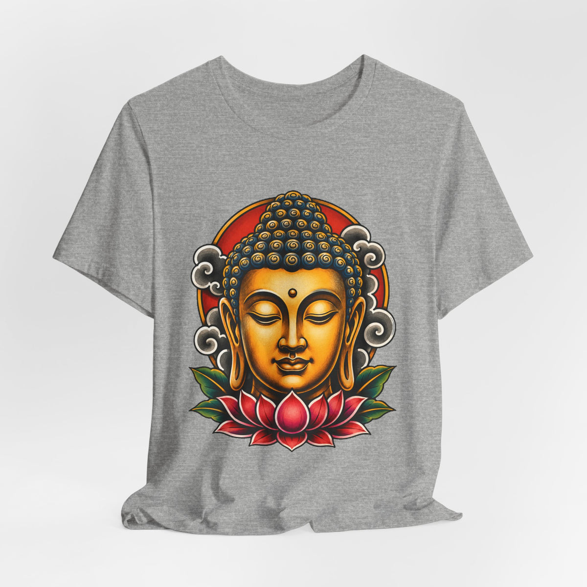 T‑Shirt, Short Sleeve Boxy Crew Neck - Golden Buddha Head with Lotus