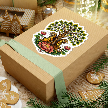 Sticker,  Kiss-Cut - Tiger Pair Lotus & Bodhi Tree