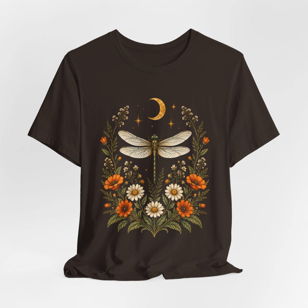 T-Shirt, Short Sleeve Boxy Crew Neck - Boho Dragonfly Moon