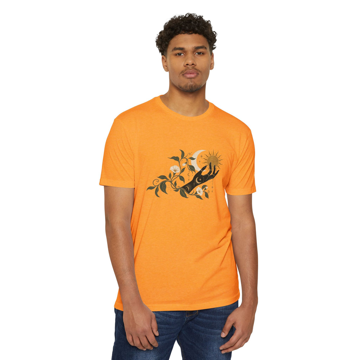 T-Shirt, Short Sleeve Boxy Crew Neck - Botanical Hand Reaching for the Sun