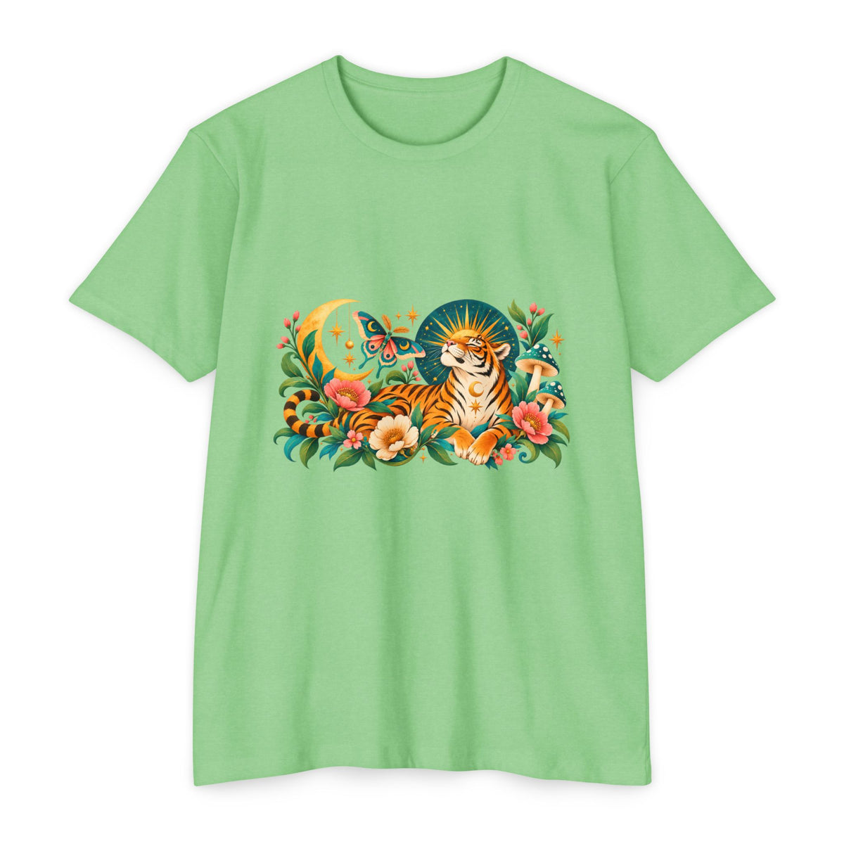 T-Shirt, Short Sleeve Boxy Crew Neck- Tiger Moon Celestial Floral