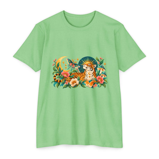 T-Shirt, Short Sleeve Boxy Crew Neck- Tiger Moon Celestial Floral