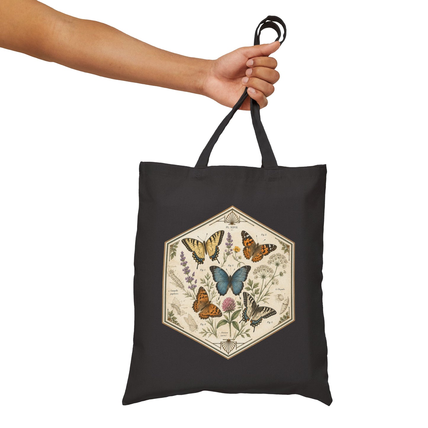 Vintage Hexagon Butterflies & Floral Canvas Tote Bag