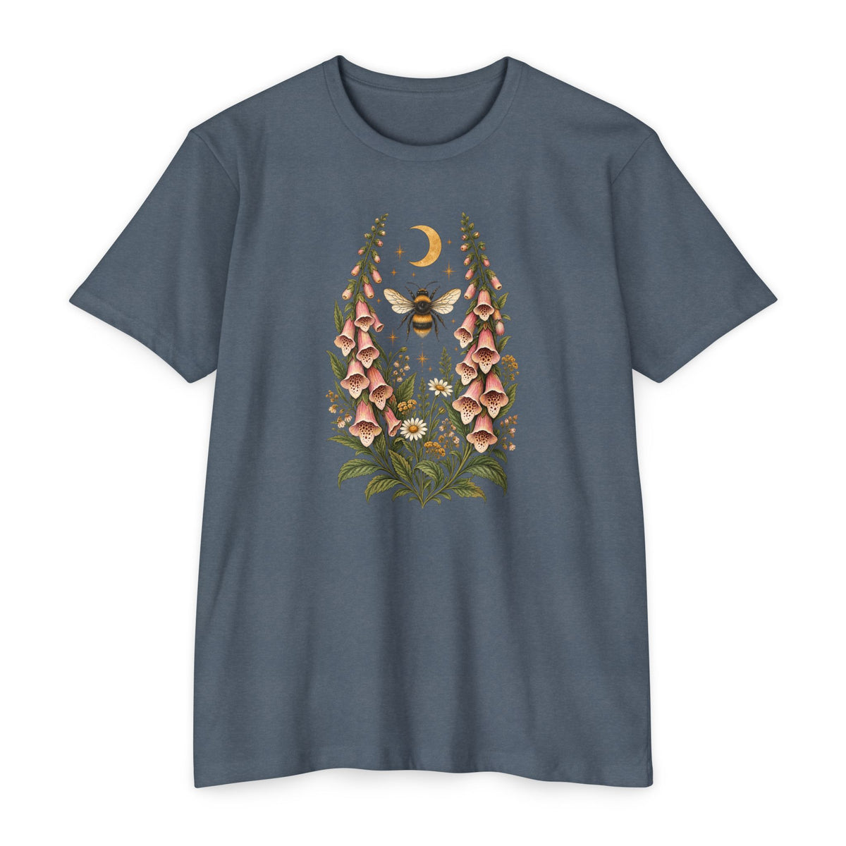 T-Shirt, Short Sleeve Boxy Crew Neck - Bee & Foxglove Vintage Floral Moon