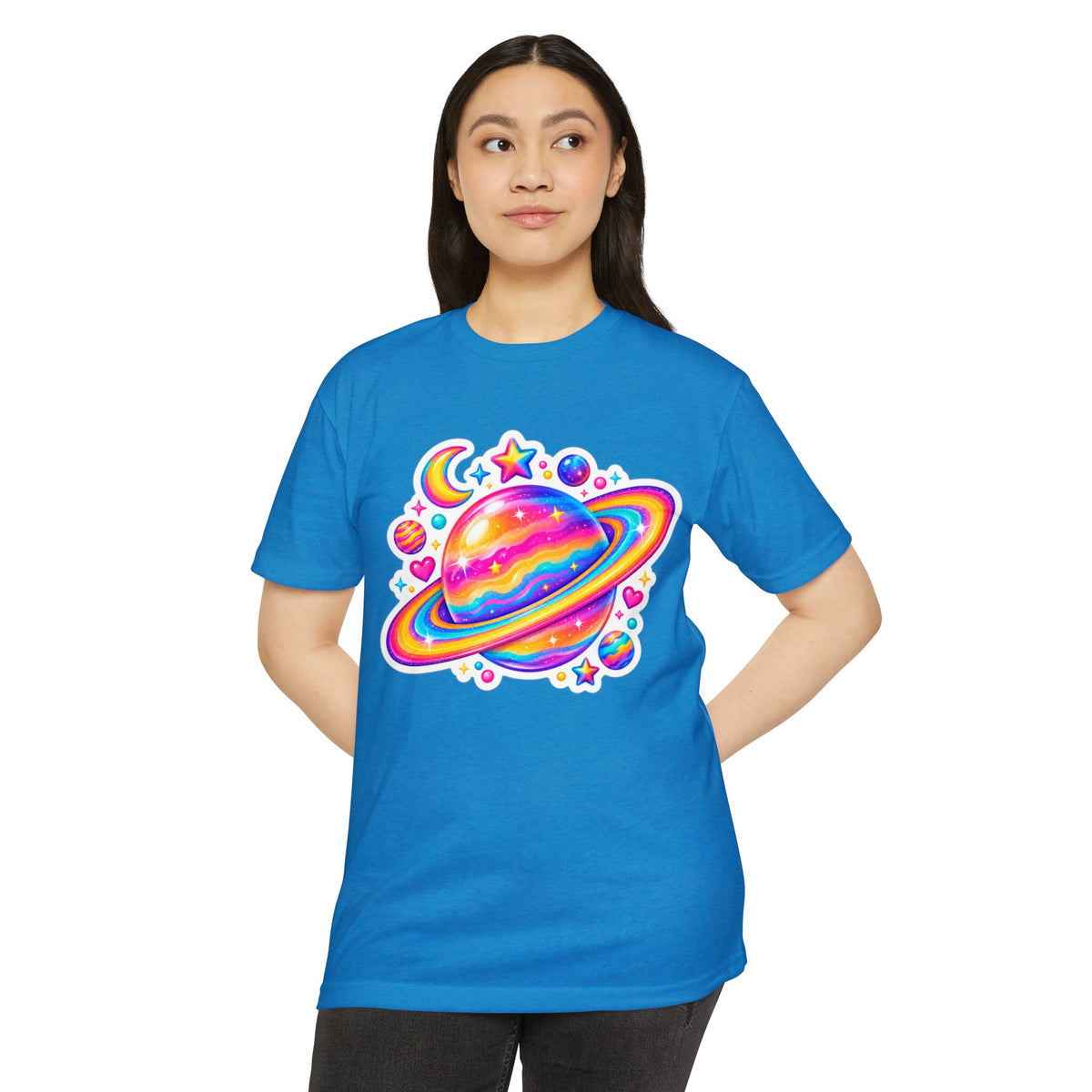 T‑Shirt, Short Sleeve Boxy Crew Neck - Rainbow Planet Cosmic Space
