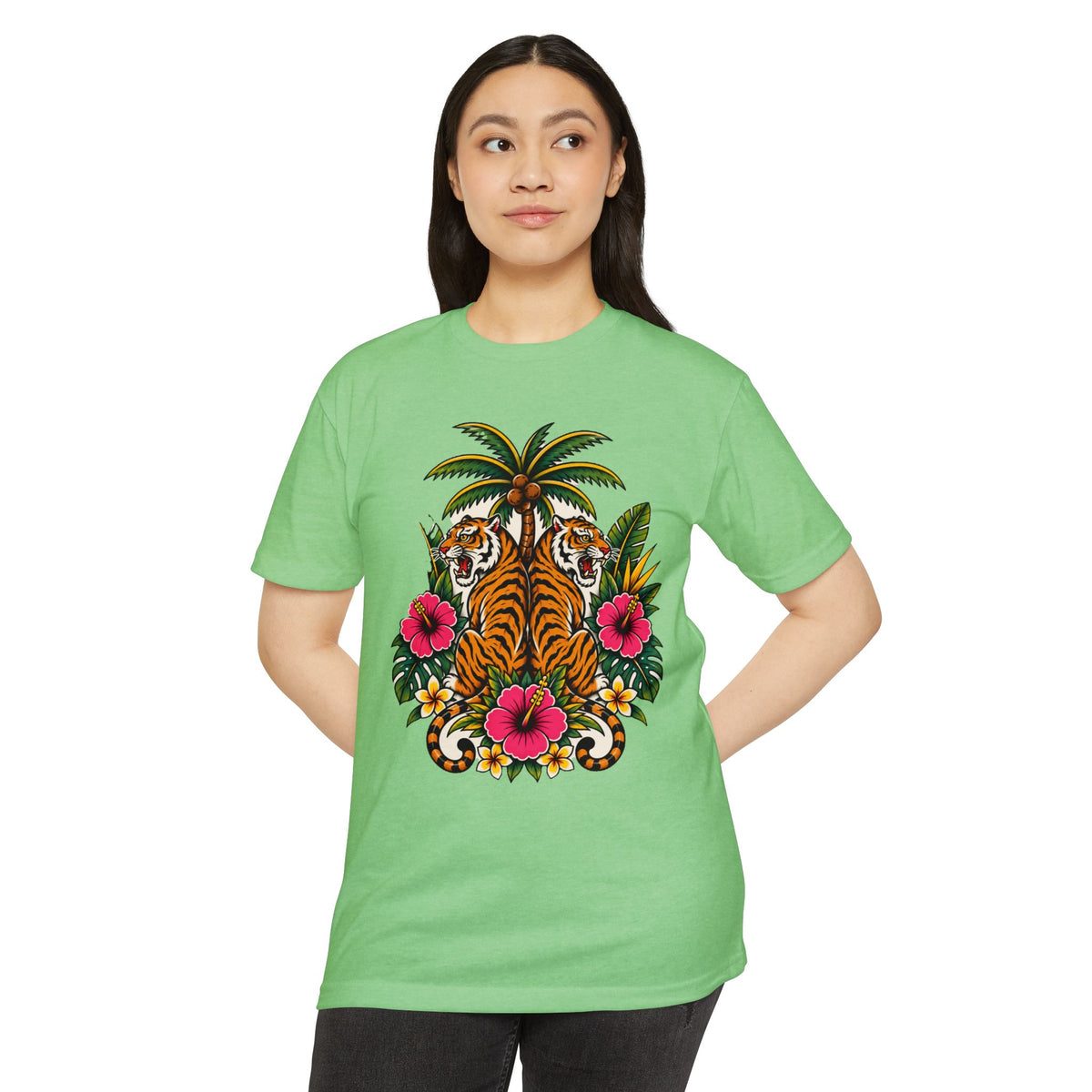 T-Shirt, Short Sleeve Boxy Crew Neck - Tiger Tiger Tropics Vintage Floral Palm