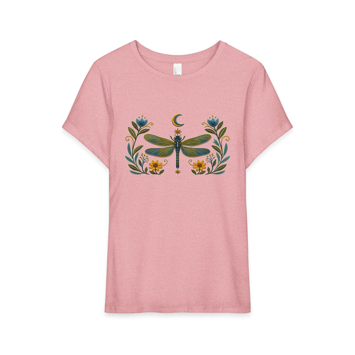 T-Shirt, Short Sleeve Wide Neck Relaxed Fit - Floral Dragonfly & Moon