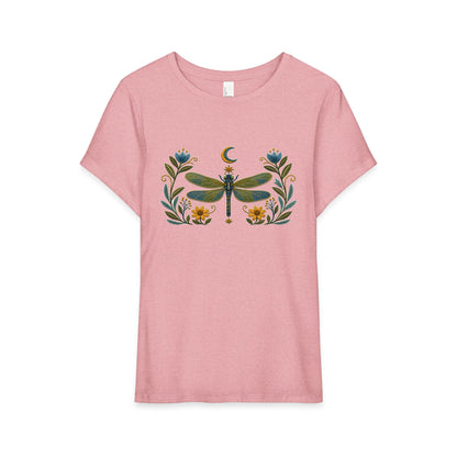 T-Shirt, Short Sleeve Wide Neck Relaxed Fit - Floral Dragonfly & Moon