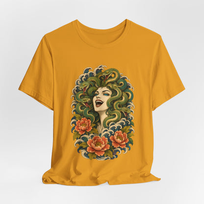 T-Shirt, Short Sleeve Wide Neck - Medusa Snake Hair Floral