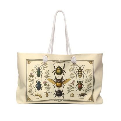 Vintage Entomology Weekender Bag — Botanical Beetle Print Travel Tote