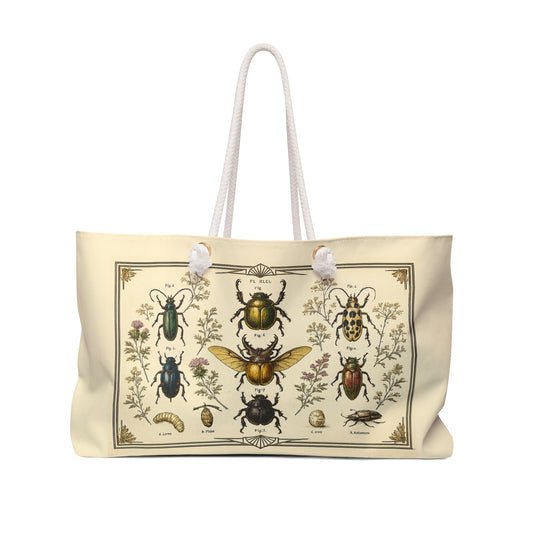Vintage Entomology Weekender Bag — Botanical Beetle Print Travel Tote