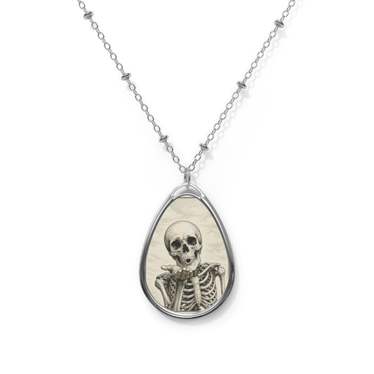 Skeleton Blowing a Kiss Tear-Drop Pendant Necklace
