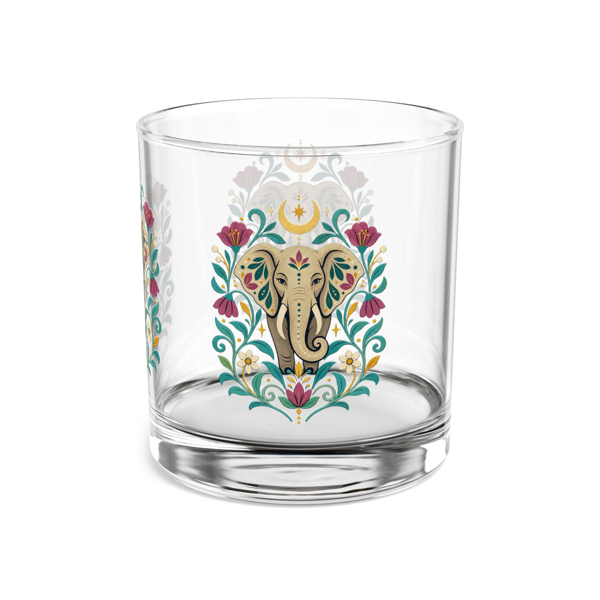 Glass, Rocks Glass Whiskey Tumbler 10oz - Boho Floral Elephant Motif