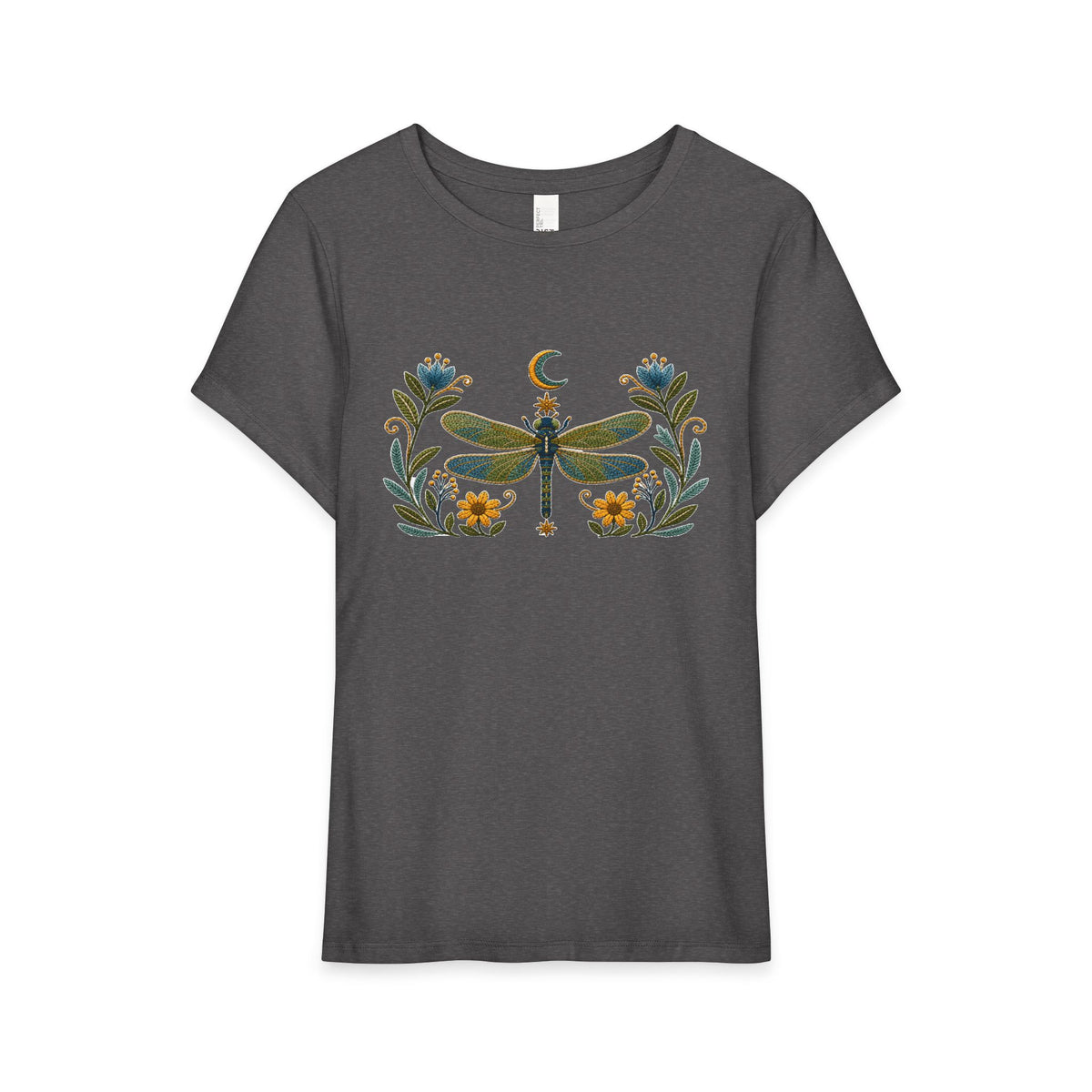 T-Shirt, Short Sleeve Wide Neck Relaxed Fit - Floral Dragonfly & Moon