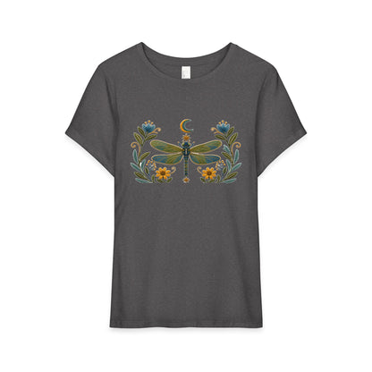 T-Shirt, Short Sleeve Wide Neck Relaxed Fit - Floral Dragonfly & Moon