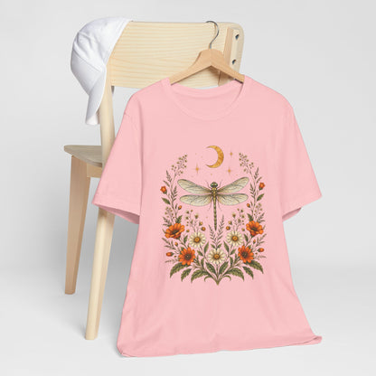 T-Shirt, Short Sleeve Boxy Crew Neck - Boho Dragonfly Moon