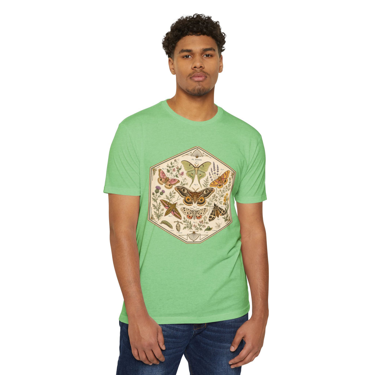 T-Shirt, Short Sleeve Boxy Crew Neck - Moth & Botanicals Hexagon Vintage Nature Illustration