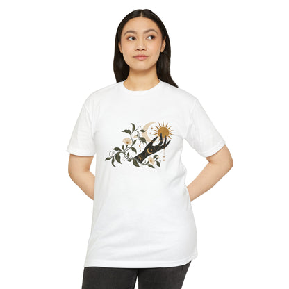 T-Shirt, Short Sleeve Boxy Crew Neck - Botanical Hand Reaching for the Sun