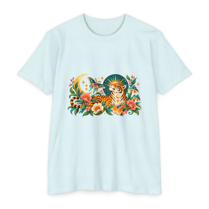 T-Shirt, Short Sleeve Boxy Crew Neck- Tiger Moon Celestial Floral
