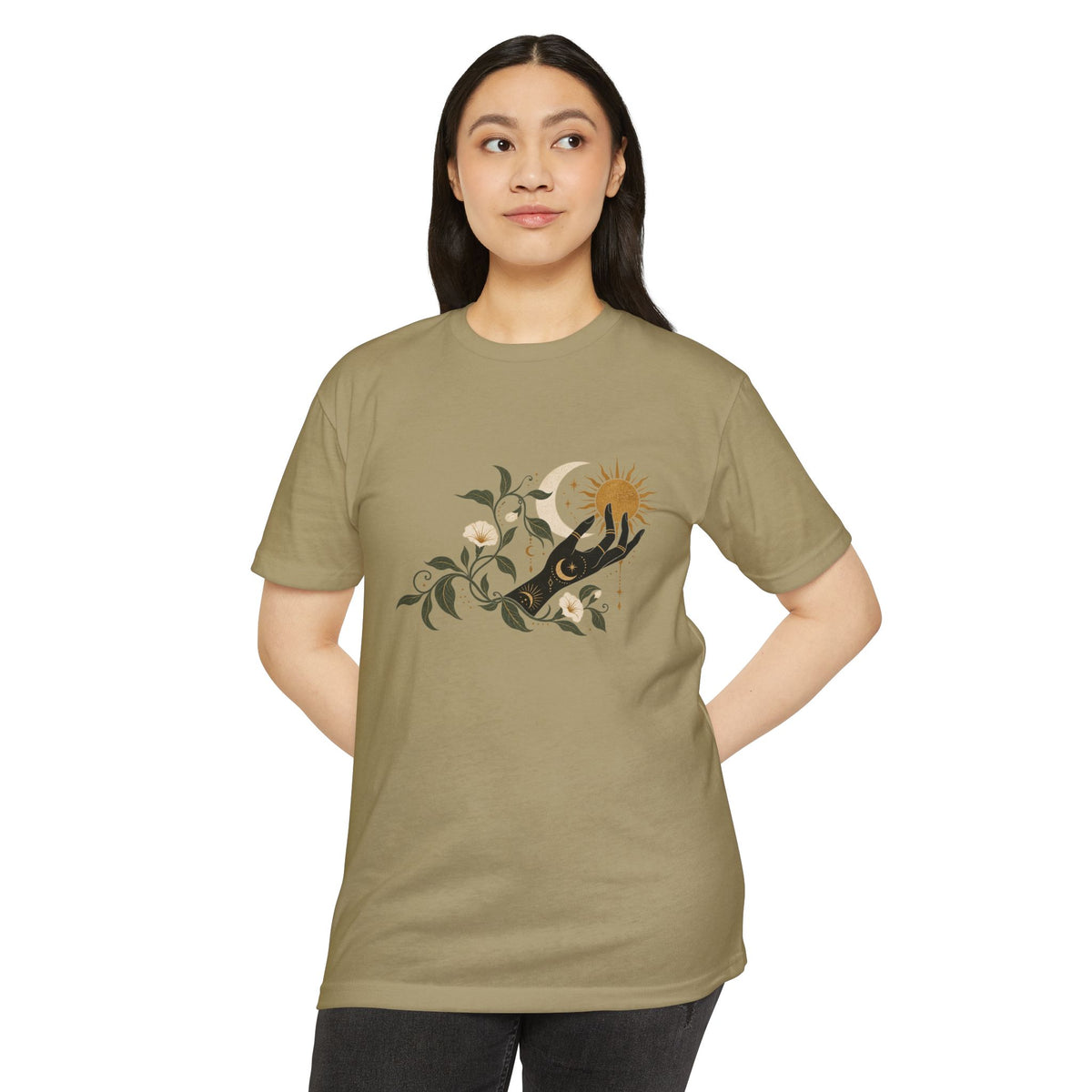 T-Shirt, Short Sleeve Boxy Crew Neck - Botanical Hand Reaching for the Sun