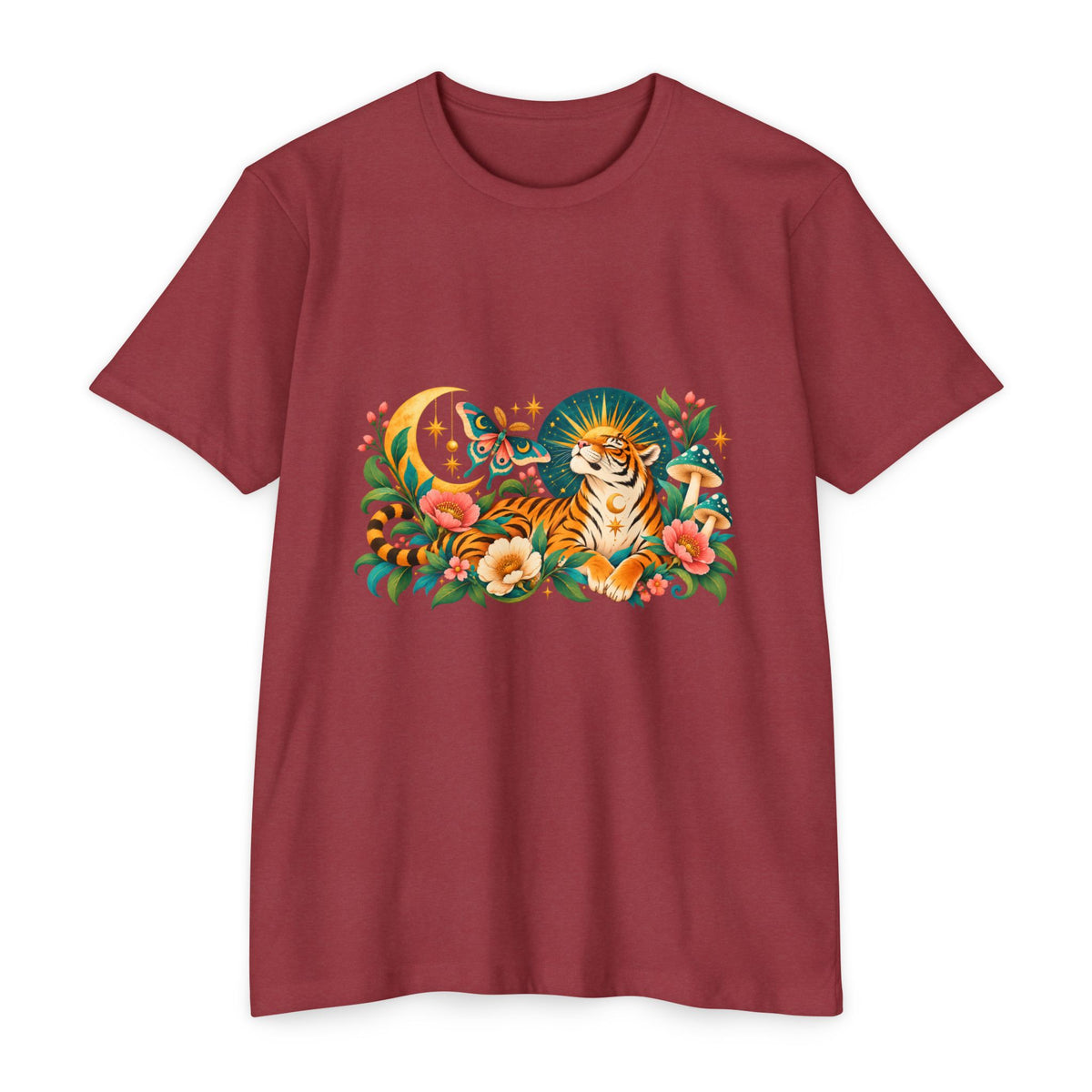 T-Shirt, Short Sleeve Boxy Crew Neck- Tiger Moon Celestial Floral