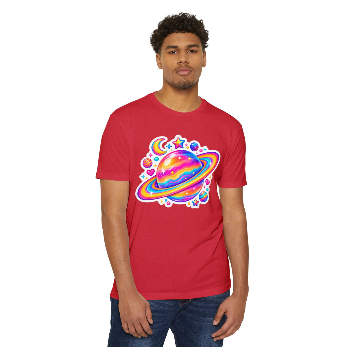 T‑Shirt, Short Sleeve Boxy Crew Neck - Rainbow Planet Cosmic Space