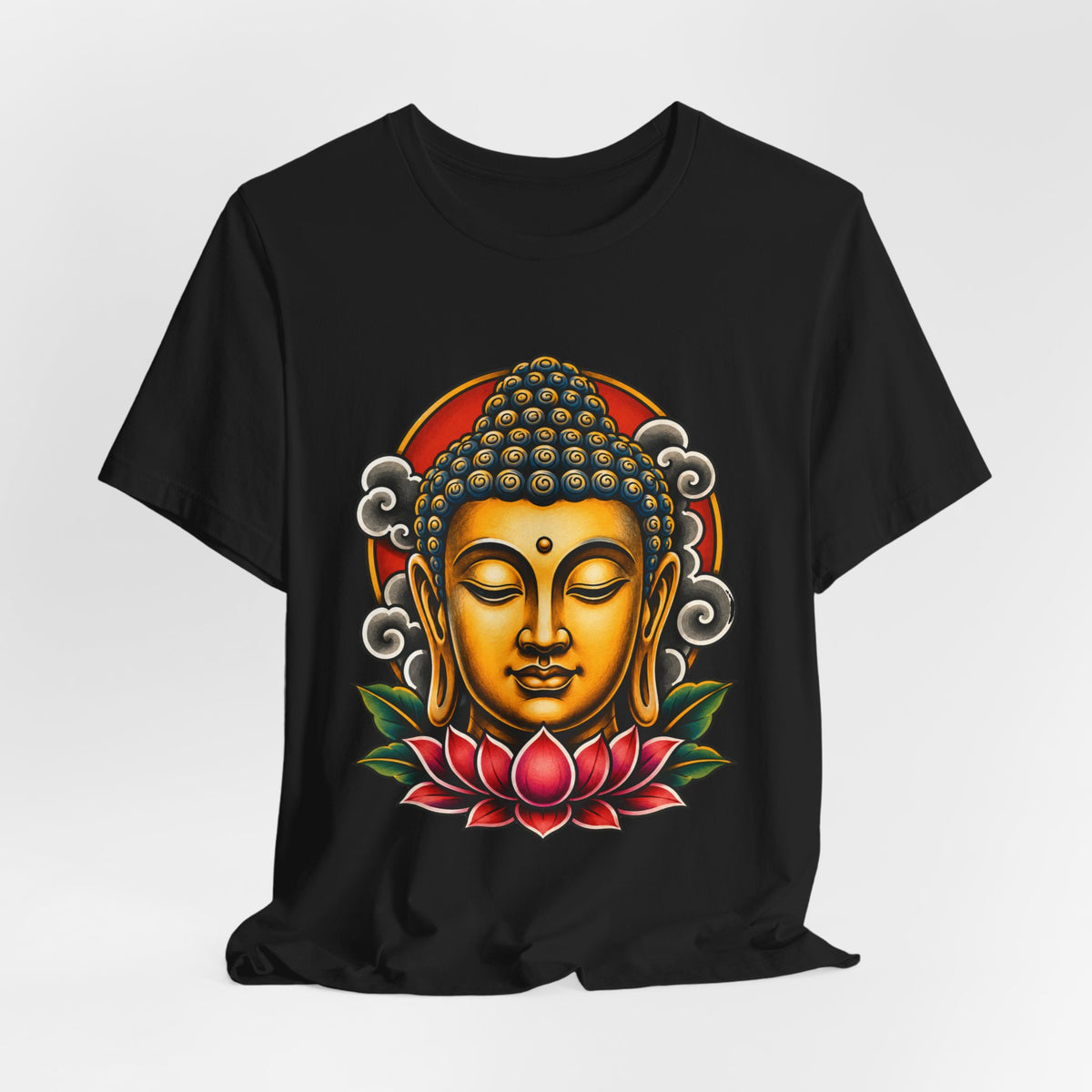 T‑Shirt, Short Sleeve Boxy Crew Neck - Golden Buddha Head with Lotus