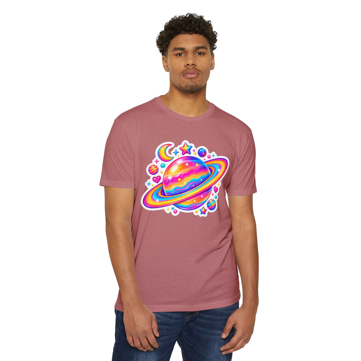 T‑Shirt, Short Sleeve Boxy Crew Neck - Rainbow Planet Cosmic Space