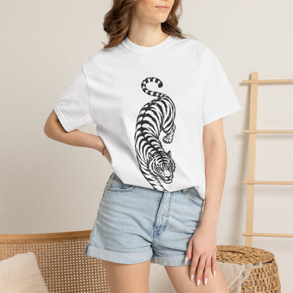 T-Shirt, Short Sleeve Boxy Crew Neck - Black & White Tiger