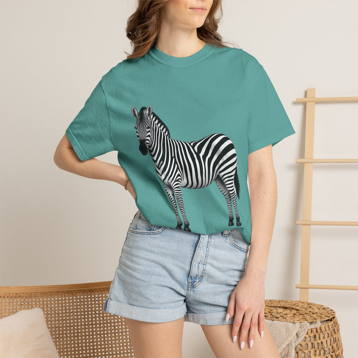 T-Shirt, Short Sleeve Boxy Crew Neck - Zebra Side View Standing