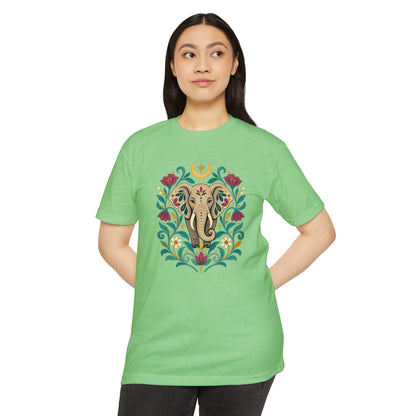 T-Shirt, Short Sleeve Boxy Crew Neck - Boho Indian-Inspired Elephant Floral