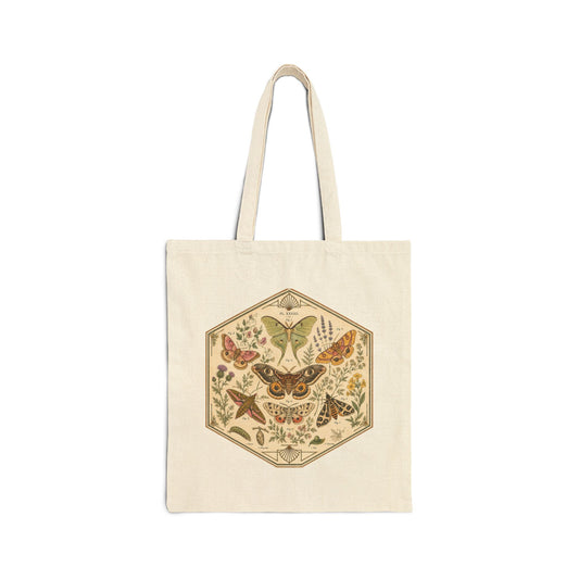 Vintage Hexagon Moths & Floral Canvas Tote Bag