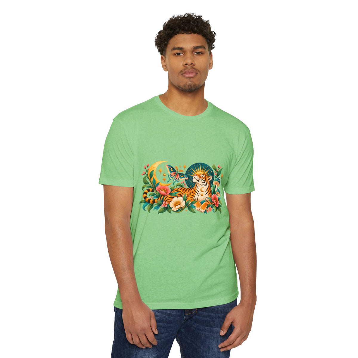 T-Shirt, Short Sleeve Boxy Crew Neck- Tiger Moon Celestial Floral