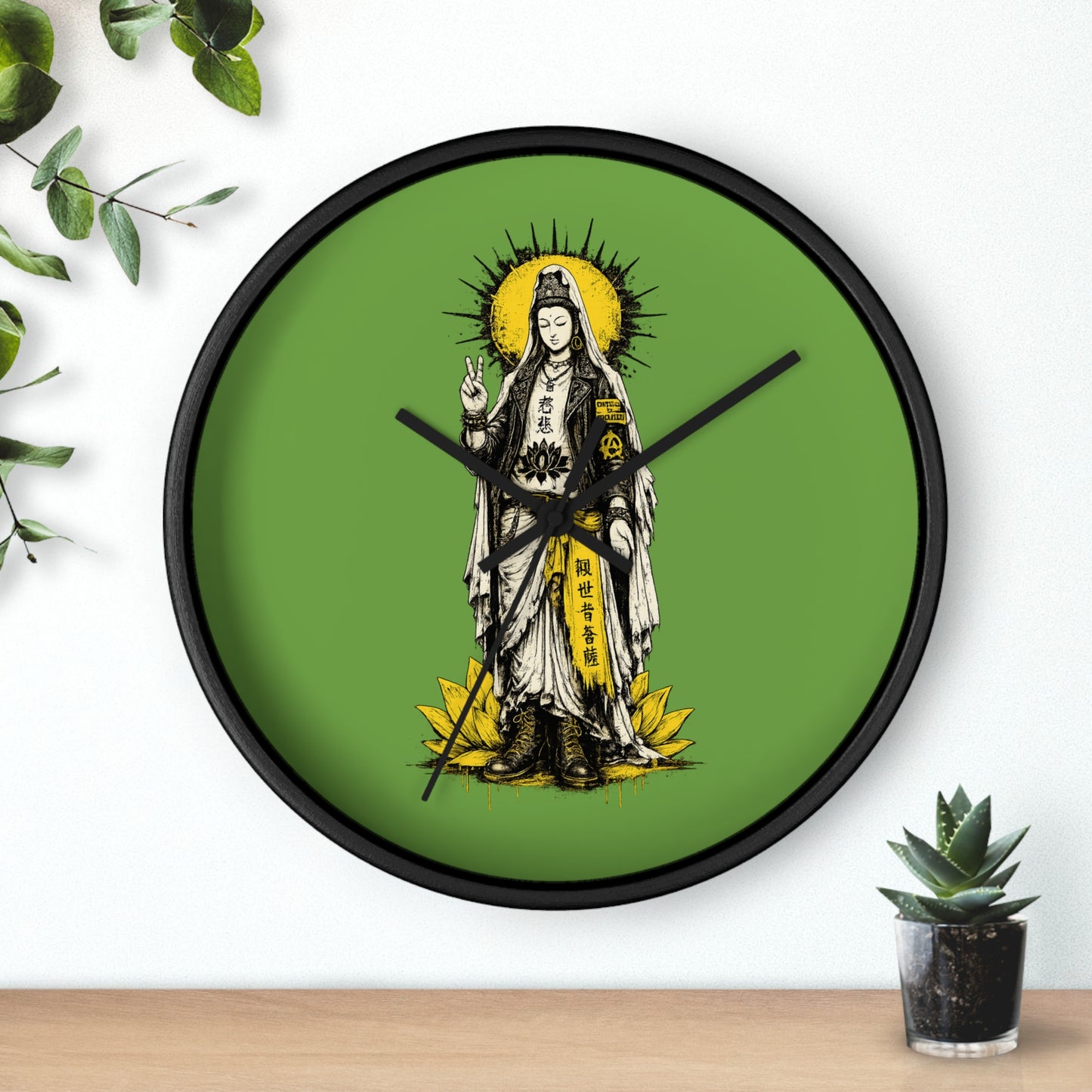Kuan Yin Lotus Wall Clock — Green Zen Buddhist Decorative Clock