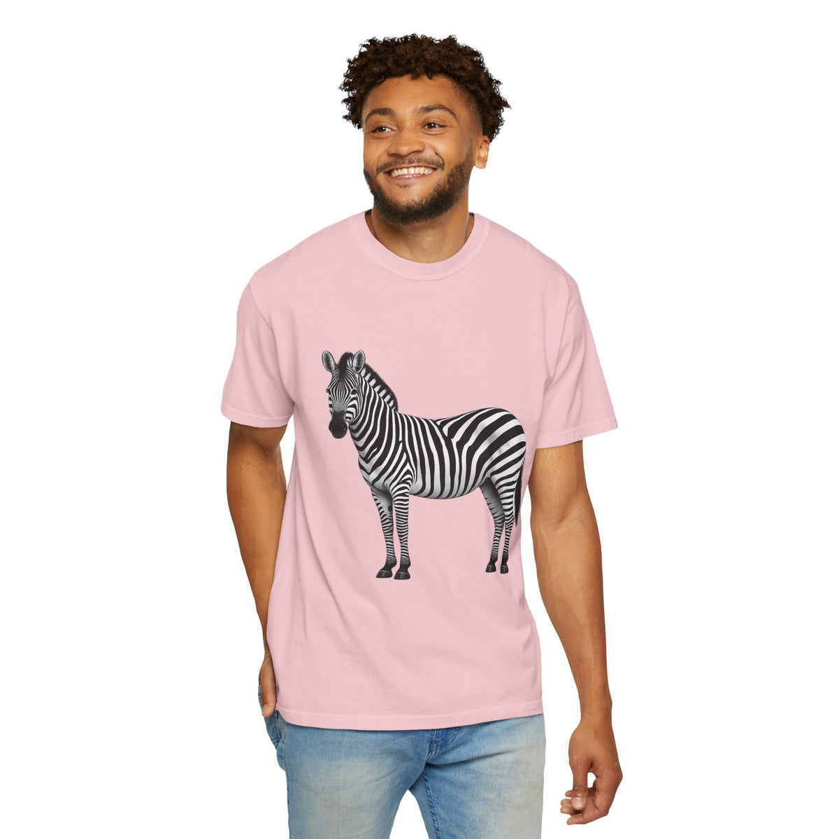 T-Shirt, Short Sleeve Boxy Crew Neck - Zebra Side View Standing
