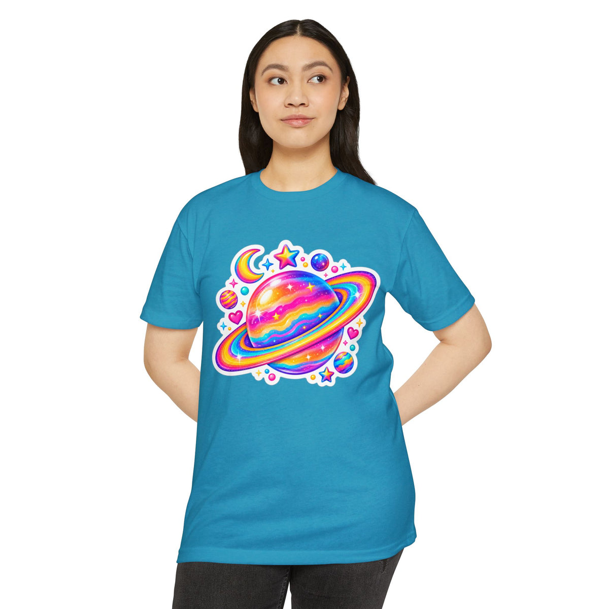 T‑Shirt, Short Sleeve Boxy Crew Neck - Rainbow Planet Cosmic Space