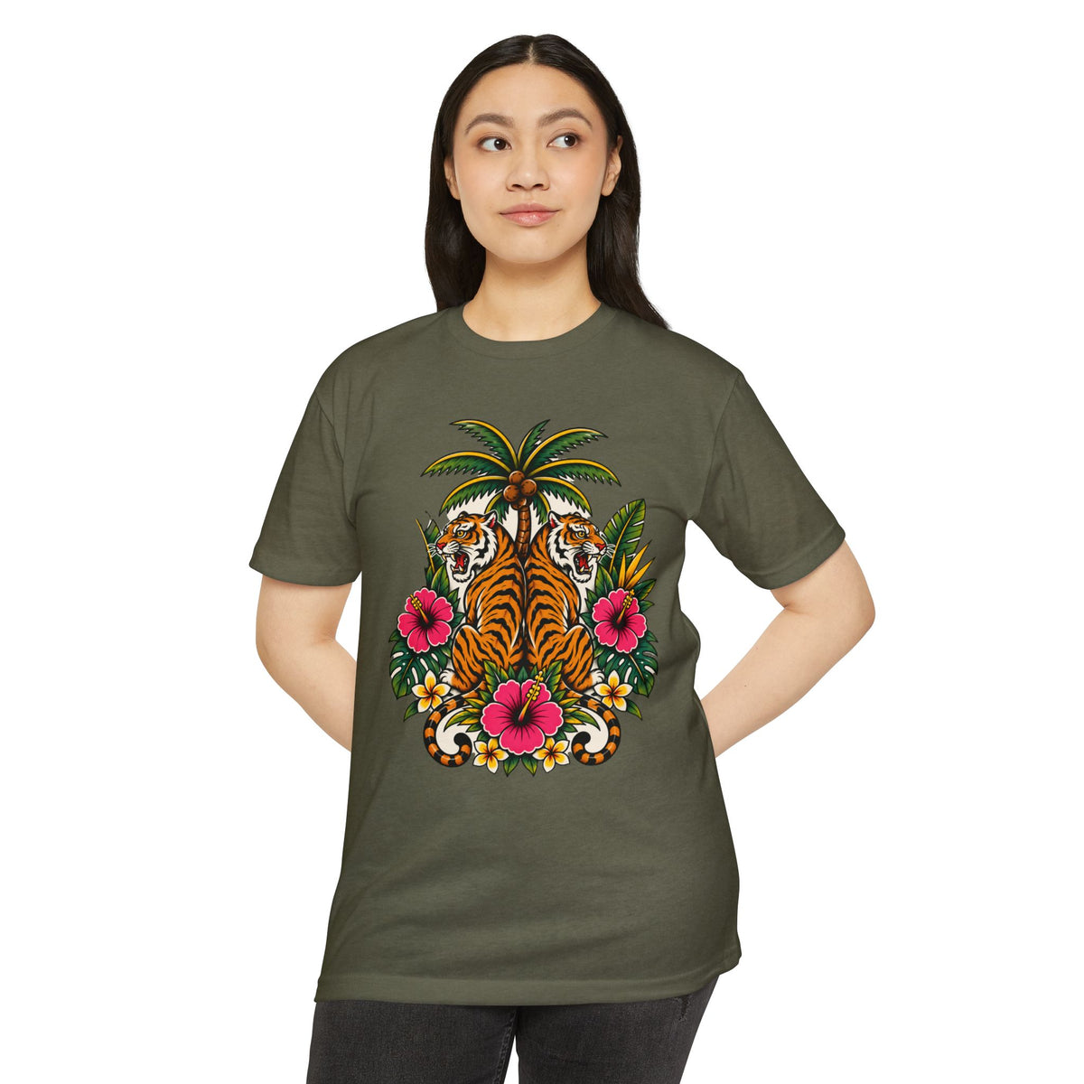 T-Shirt, Short Sleeve Boxy Crew Neck - Tiger Tiger Tropics Vintage Floral Palm