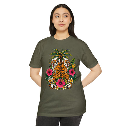 T-Shirt, Short Sleeve Boxy Crew Neck - Tiger Tiger Tropics Vintage Floral Palm